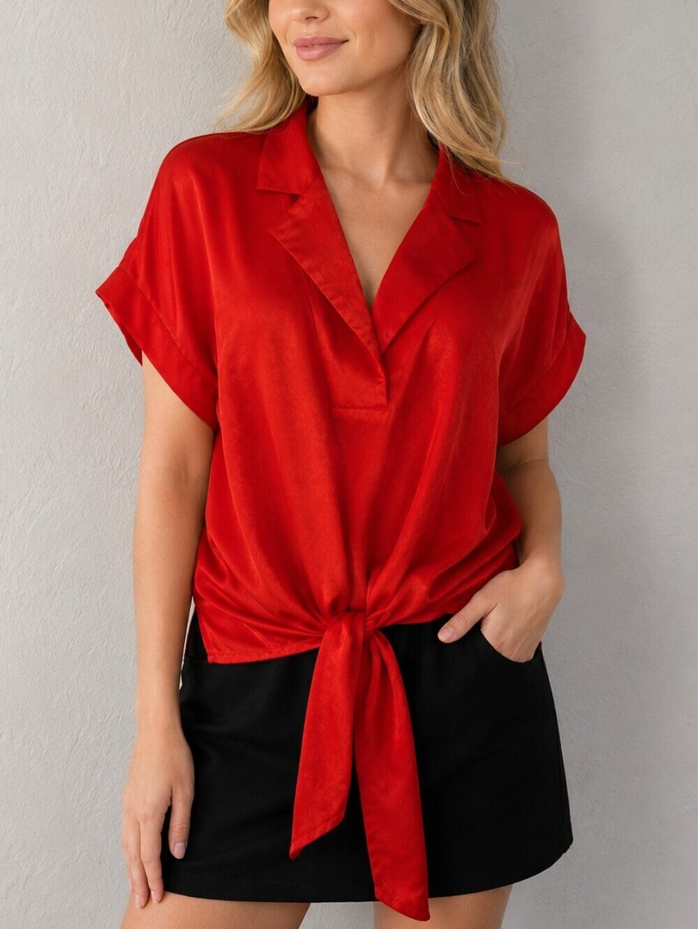 UMGEE Tie-Front Oversized Red Satin V-neck Top